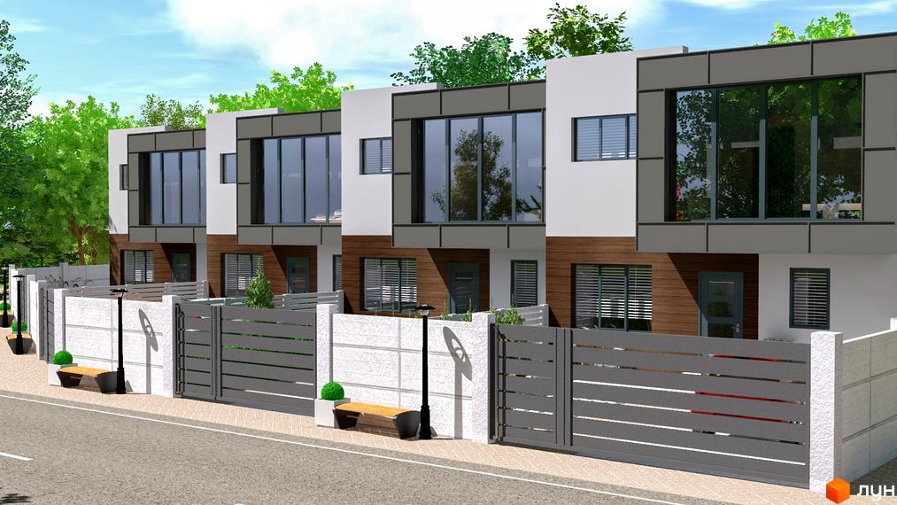 Зовнішній вигляд таунхаусів GreenLife з великими вікнами та дерев'яними елементами фасаду. Прибудинкова територія огороджена парканом з елементами бетону та металу.