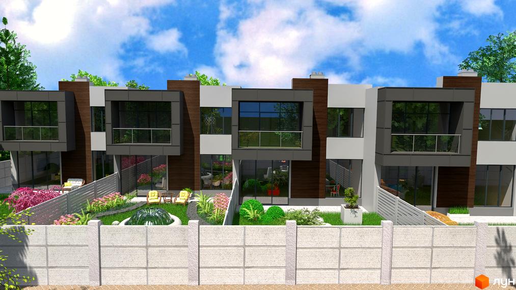 Таунхауси GreenLife з великими вікнами та індивідуальними терасами, оточені доглянутим садом з фонтаном та парканом.