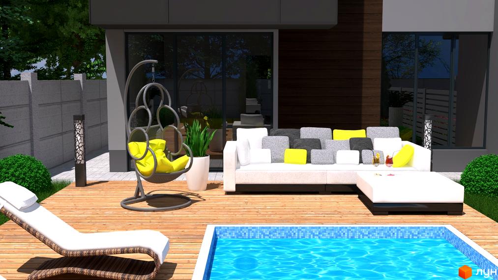 Зображення території таунхаусів GreenLife з басейном, зоною відпочинку та ландшафтним дизайном. Вигляд будинку ззовні.