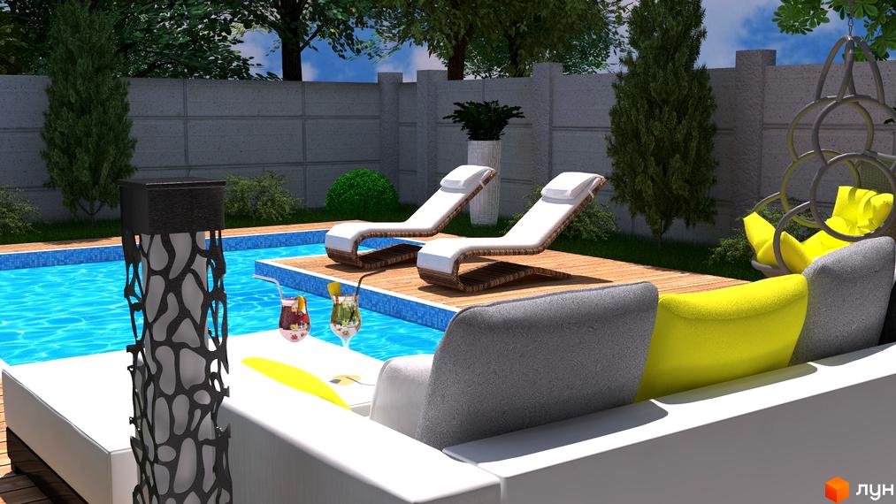 Зображення басейну та зони відпочинку в Котеджному містечку GreenLife. На задньому плані видно зелені насадження та огорожу.