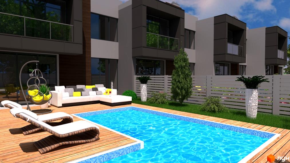 Таунхауси GreenLife з басейном та зоною відпочинку. Сучасні фасади будинків та доглянута прибудинкова територія.