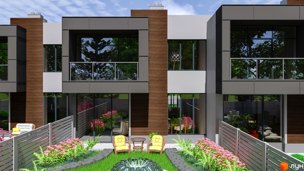 Сучасні таунхауси GreenLife з дерев'яними елементами фасаду та доглянутою прибудинковою територією з квітами та зонами відпочинку.