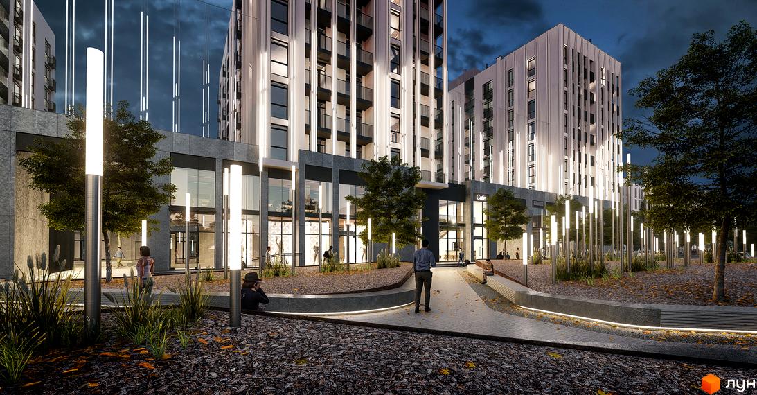 Житловий комплекс Ґорґани. Сучасний фасад будівлі з вертикальними елементами та підсвічуванням. Прибудинкова територія з ландшафтним дизайном, освітленням та місцями для відпочинку.