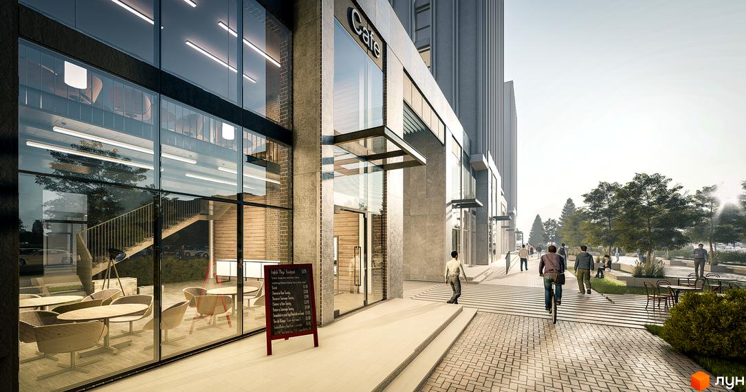 Новобудова ЖК Ґорґани з великими вікнами та зоною відпочинку на прибудинковій території. Зовнішній вигляд комплексу та благоустрій території.