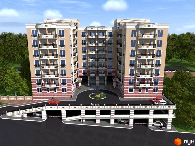 Житловий комплекс Посольський – багатоповерхова новобудова з балконами та паркінгом. Навколо будинку зелені насадження та облаштована прибудинкова територія.