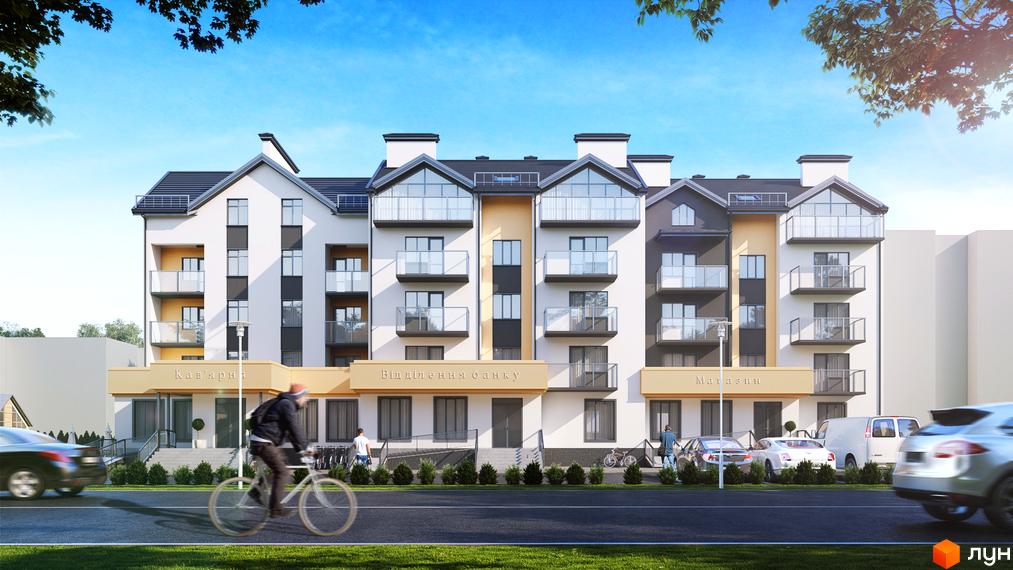 Зображення фасаду будинку ЖК Дубенський Маєток з балконами та скляними перилами. На передньому плані дорога, припарковані автомобілі та люди.