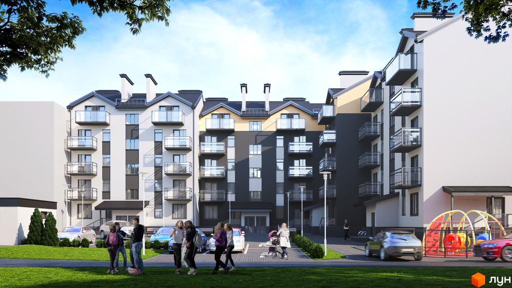 Зображення багатоповерхового будинку ЖК Дубенський Маєток з балконами та парковкою, на території дитячий майданчик та зелені насадження.