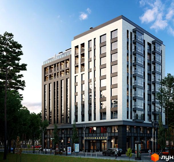 Житловий комплекс Art Residence - це сучасна новобудова з білої цегли та темними елементами фасаду, з великою кількістю вікон та балконів. Територія навколо будинку озеленена деревами та має вихід на вулицю з тротуаром та проїжджою частиною.