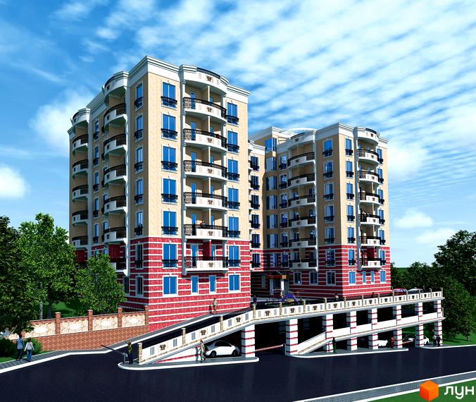 Житловий комплекс Посольський - сучасна архітектура, багатоповерхові будинки з балконами та паркінгом. Територія з деревами та дорогою.