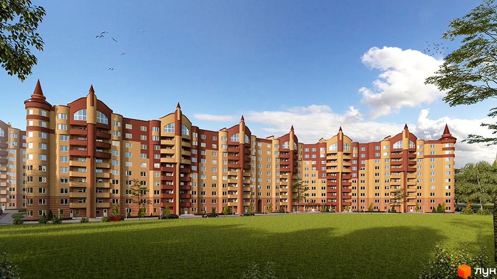 Новобудова на вулиці Довженка з цегляним фасадом та червоними дахами. Зелена прибудинкова територія з деревами та автомобілями.