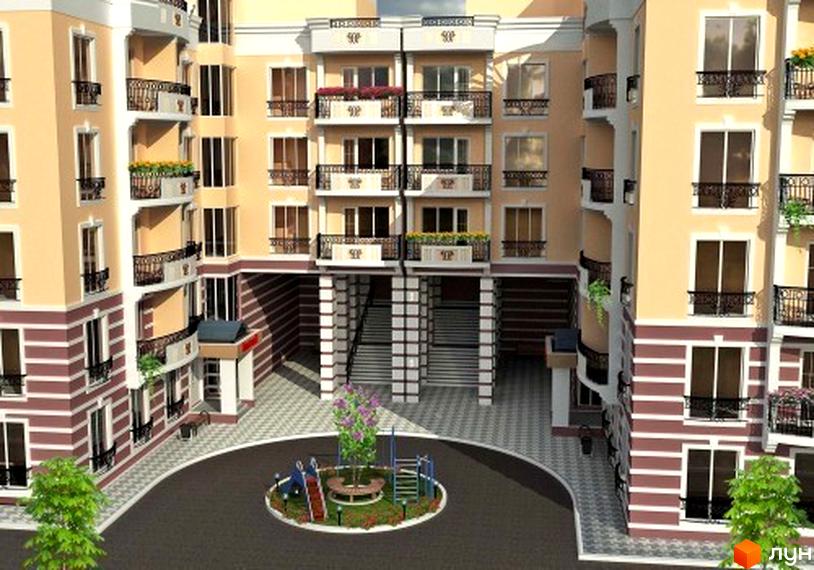 Житловий комплекс Посольський: фасад будинку з балконами та вікнами, прибудинкова територія з дитячим майданчиком та деревами.