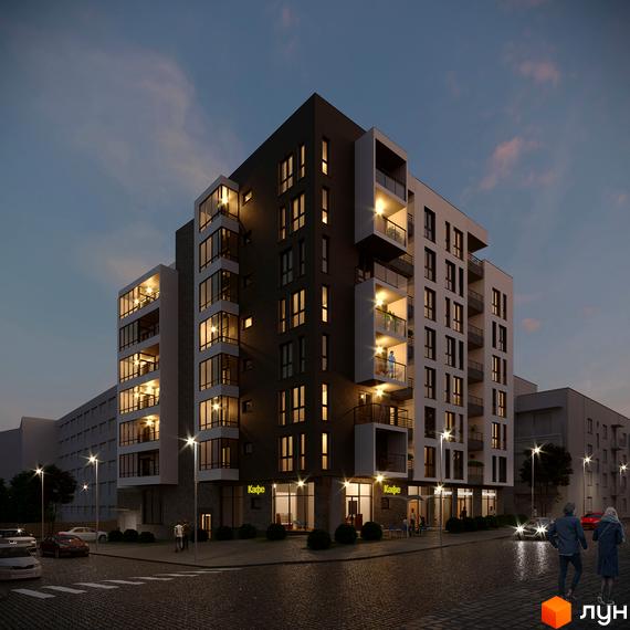 Зображення ЖК Еко-дім на Батуринській. Багатоповерховий будинок з великими вікнами та балконами, вхід в будівлю з вулиці, на першому поверсі розташовані кафе.