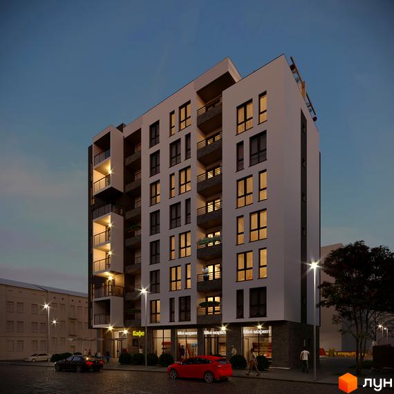 Зовнішній вигляд новобудови ЖК Еко-дім на Батуринській з освітленими вікнами та балконами, розташованої на вулиці з вуличним освітленням та деревами.