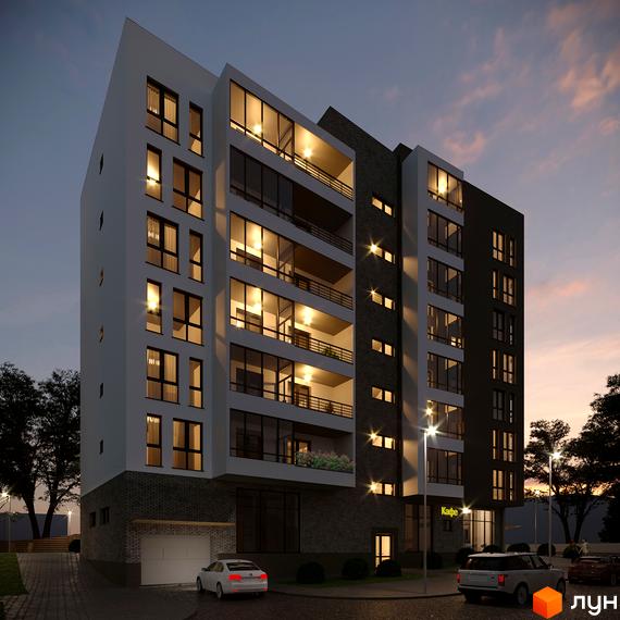 Зовнішній вигляд новобудови ЖК Еко-дім на Батуринській з фасадами білого та темного кольору, великими вікнами та балконами. Прибудинкова територія з освітленням та автомобілями.