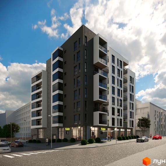 Зображення фасаду багатоповерхового будинку ЖК Еко-дім на Батуринській з панорамними вікнами та балконами, поруч тротуар та автомобілі.