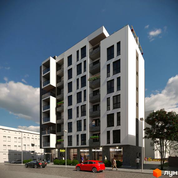 Зображення Житлового комплексу Еко-дім на Батуринській. Багатоповерховий будинок з балконами та магазинами на першому поверсі.