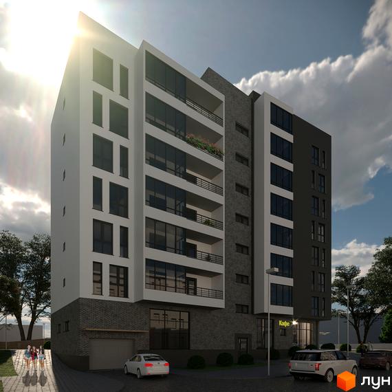 Зображення фасаду та прибудинкової території Житлового комплексу Еко-дім на Батуринській. Вигляд багатоповерхового будинку з балконами.