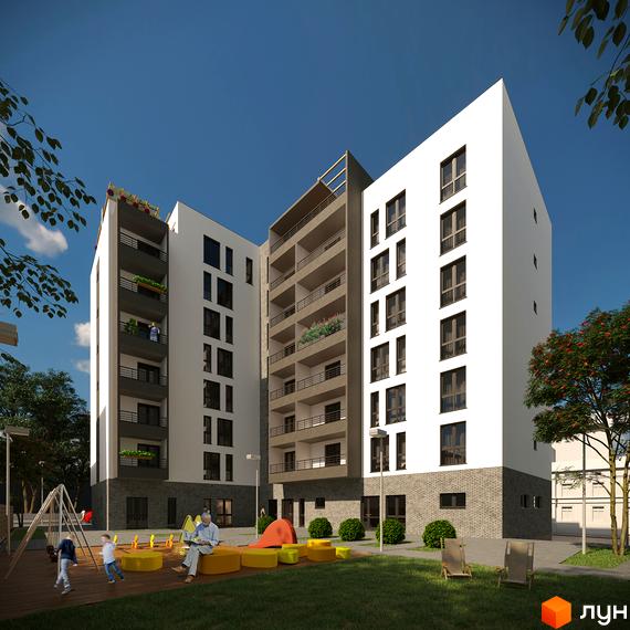 Зображення фасаду та прибудинкової території Житлового комплексу Еко-дім на Батуринській. На території є дитячий майданчик.