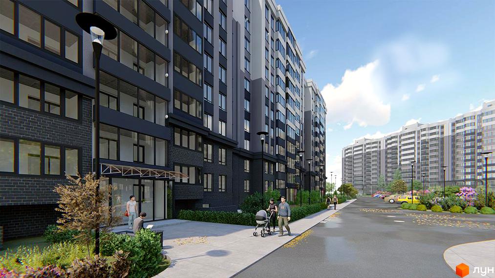 Фасади Житлового комплексу Grand City Dombrovskyi у темних та світлих тонах. Прибудинкова територія облаштована доріжками, зеленими насадженнями та вуличними ліхтарями.