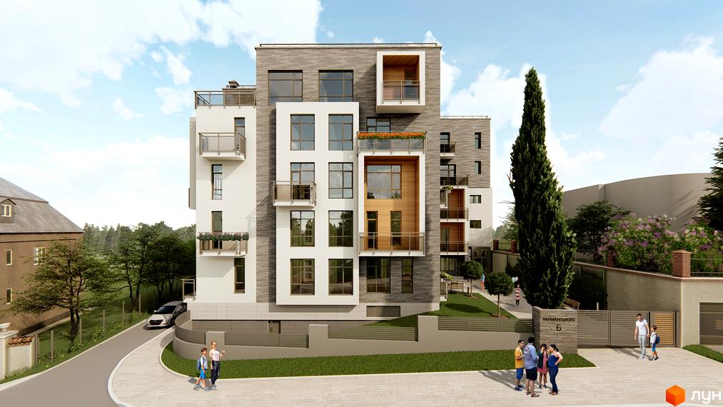 Клубний будинок „Мій на Карманського“: багатоповерховий будинок з білими та сірими фасадами, балконами та дерев'яними елементами. Прибудинкова територія з доглянутим газоном, деревами та огорожею.