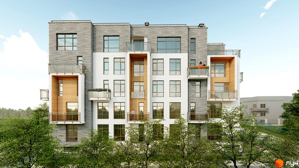 Клубний будинок „Мій на Карманського“ з білими та сірими фасадами, дерев'яними елементами та скляними балконами. Навколо будинку зелені дерева та блакитне небо.