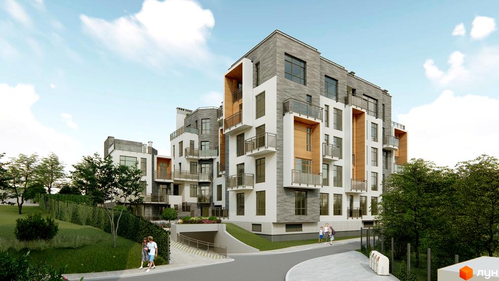 Клубний будинок „Мій на Карманського“ з біло-сірими фасадами, дерев'яними елементами та скляними балконами. Навколо будинку зелена прибудинкова територія з деревами та доріжками.