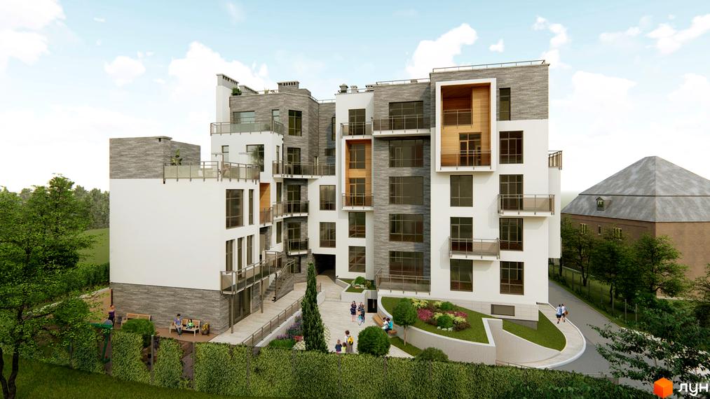 Клубний будинок „Мій на Карманського“ з білими та сірими фасадами, балконами та прибудинковою територією з зеленими насадженнями та місцями для відпочинку.