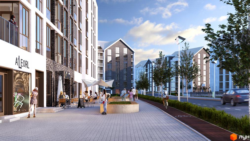 Житловий комплекс Гостомель Residence з багатоповерховими будинками з білими фасадами та темною цеглою. На території є пішохідна зона, кафе та велодоріжка.