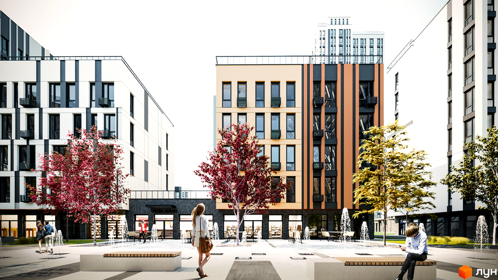 Житловий комплекс ATRIA CITY. TEREMKY - це сучасна новобудова з фасадами різних кольорів та прибудинкова територія з деревами та фонтанами.