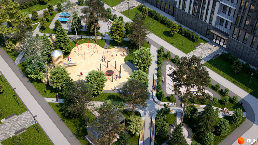 Житловий комплекс ATRIA CITY. TEREMKY: вид на дитячий майданчик з гіркою та гойдалками, зони відпочинку з лавками та зелені насадження.