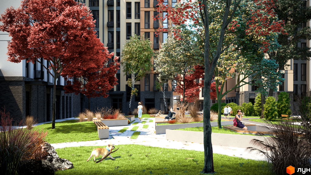 Житловий комплекс ATRIA CITY. TEREMKY: багатоповерхові будинки з цегляним оздобленням та зелений двір з деревами та зонами відпочинку.