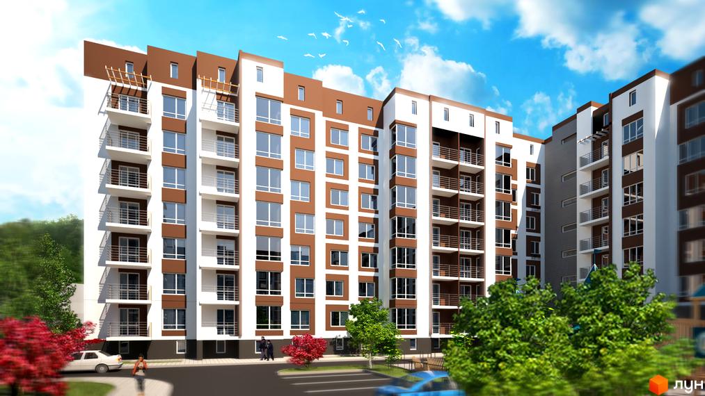 Багатоповерховий будинок ЖК Сіті Парк з великими вікнами та балконами. На прибудинковій території є зелені насадження та парковка.