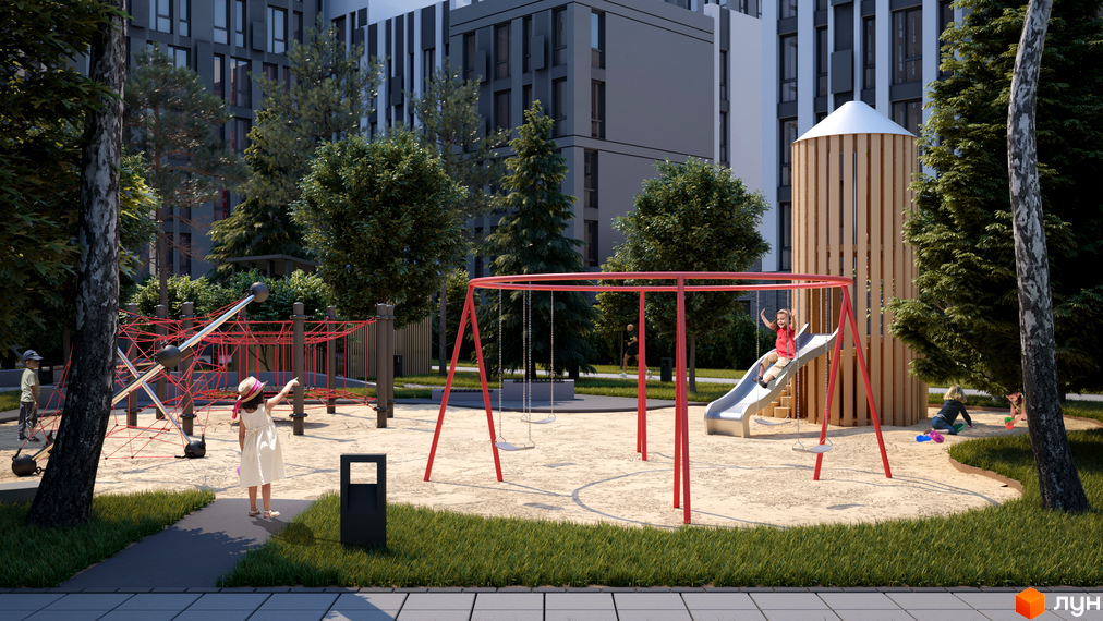 Житловий комплекс ATRIA CITY. TEREMKY: дитячий майданчик з гіркою та гойдалками на тлі багатоповерхових будинків. Територія комплексу з деревами та зонами для відпочинку.