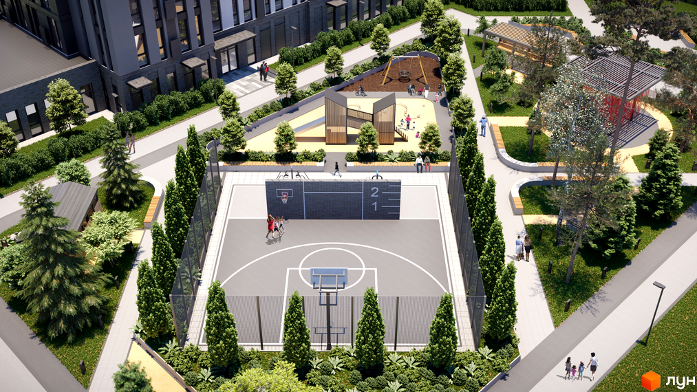 Житловий комплекс ATRIA CITY. TEREMKY з баскетбольним майданчиком та дитячою зоною. Сучасний житловий комплекс з озелененою територією та місцями для відпочинку.