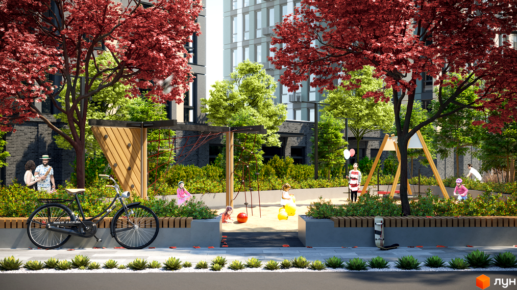 Житловий комплекс ATRIA CITY. TEREMKY. Дитячий майданчик та зона відпочинку з деревами та велосипедом.