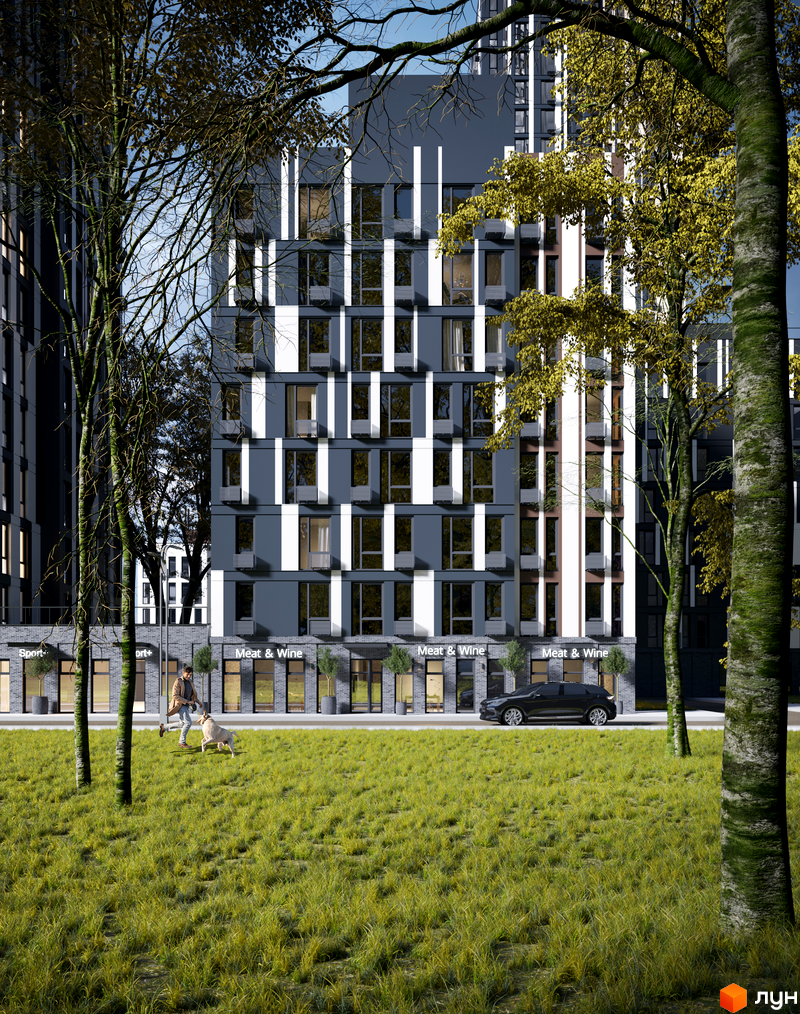 Житловий комплекс ATRIA CITY. TEREMKY: фасади будівель з вертикальними білими смугами та скляними вікнами, зелена галявина з деревами та пішохідною зоною.