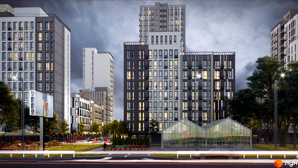 Житловий комплекс ATRIA CITY в районі Теремки. Сучасні багатоповерхові будинки з великою кількістю вікон, зелена зона з теплицею та місця для відпочинку.