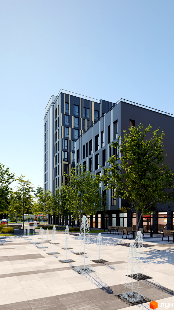 Житловий комплекс ATRIA CITY. TEREMKY. Зовнішній вигляд будівель з фасадами, вікнами та прибудинковою територією з фонтанами та деревами.