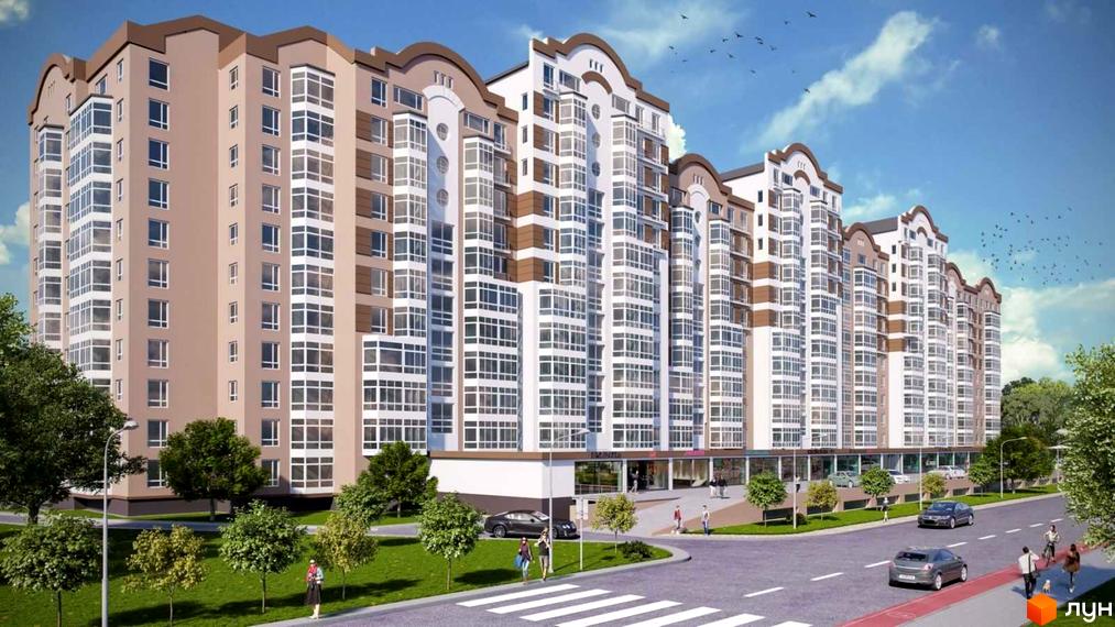 Фасад багатоповерхового будинку Житлового комплексу Містечко Центральне з бежевими та білими елементами, великими вікнами. Навколо дорога, дерева.