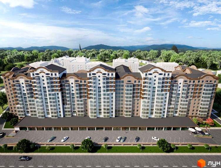 Житловий комплекс Містечко Центральне з багатосекційним будинком коричнево-білого кольору, комерційними приміщеннями та парковкою.