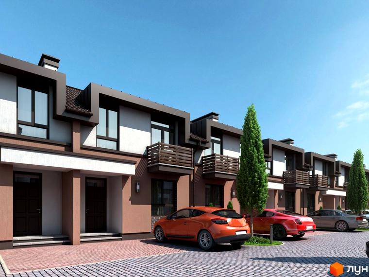 Таунхаус „Озерний“: двоповерхові будинки з балконами та парковкою біля входу. Навколо зелені насадження та вимощена бруківкою територія.