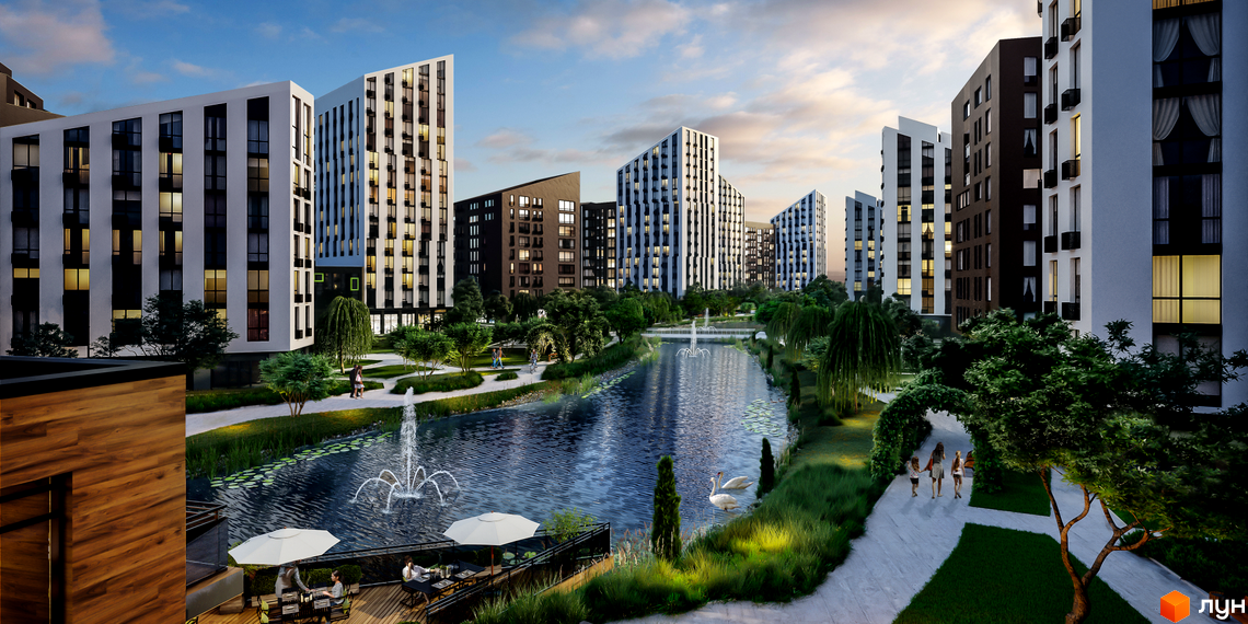 Зображення житлового комплексу Paradise Avenue: багатоповерхові будинки з великими вікнами, озеро з фонтанами та зелена прибудинкова територія.