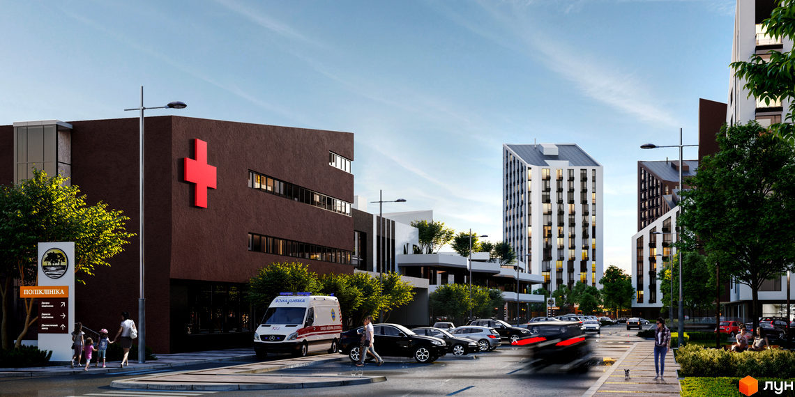 Зовнішній вигляд лікарні та багатоповерхових будинків у Житловому районі Paradise Avenue. На передньому плані припарковані автомобілі та пішохідна зона.