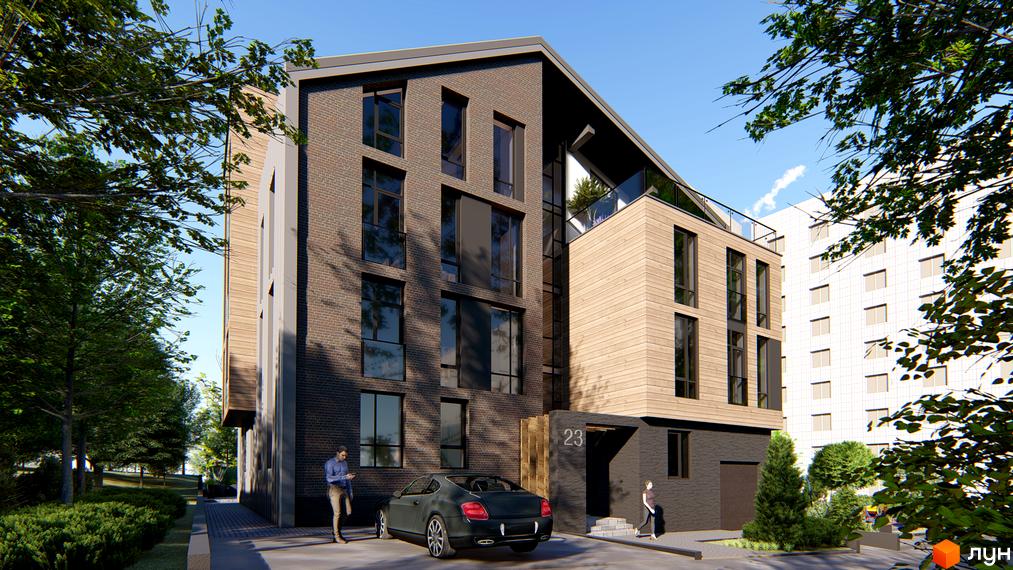 Зображення фасаду Житлового комплексу Фамільний двір. На передньому плані авто та люди біля будинку.