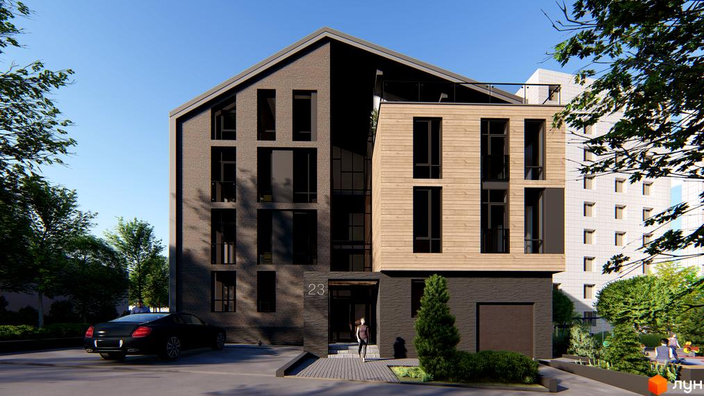 Фамільний двір: фасади будинку з цегли та дерева, вікна, балкон, парковка з автомобілем та зелена зона.
