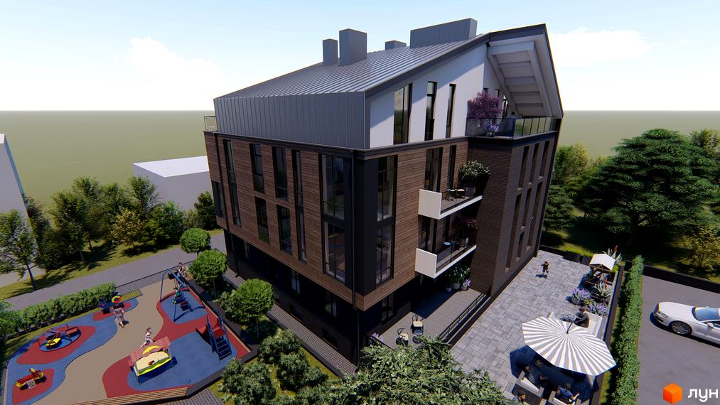 Житловий комплекс Фамільний двір – це сучасна новобудова з дерев'яним фасадом та балконами, поруч розташований дитячий майданчик та зона відпочинку.