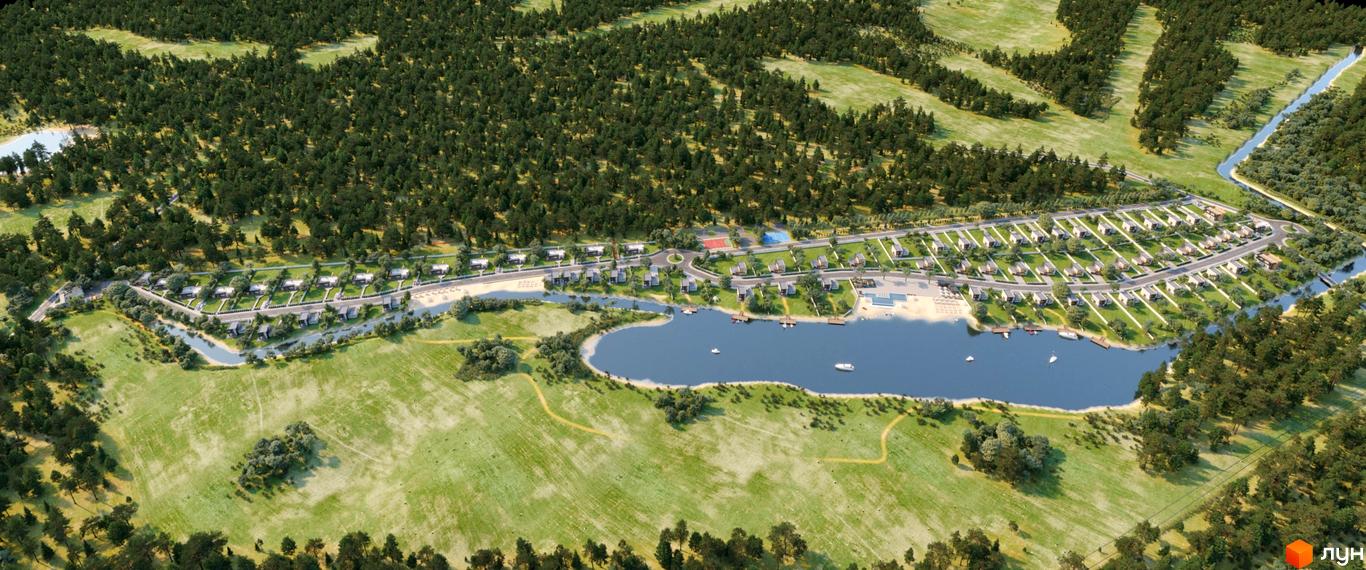 Котеджне містечко Нова Конча-Заспа CRYSTAL: вид згори на котеджі, що розташовані вздовж річки та лісу, з пляжем та зоною відпочинку.