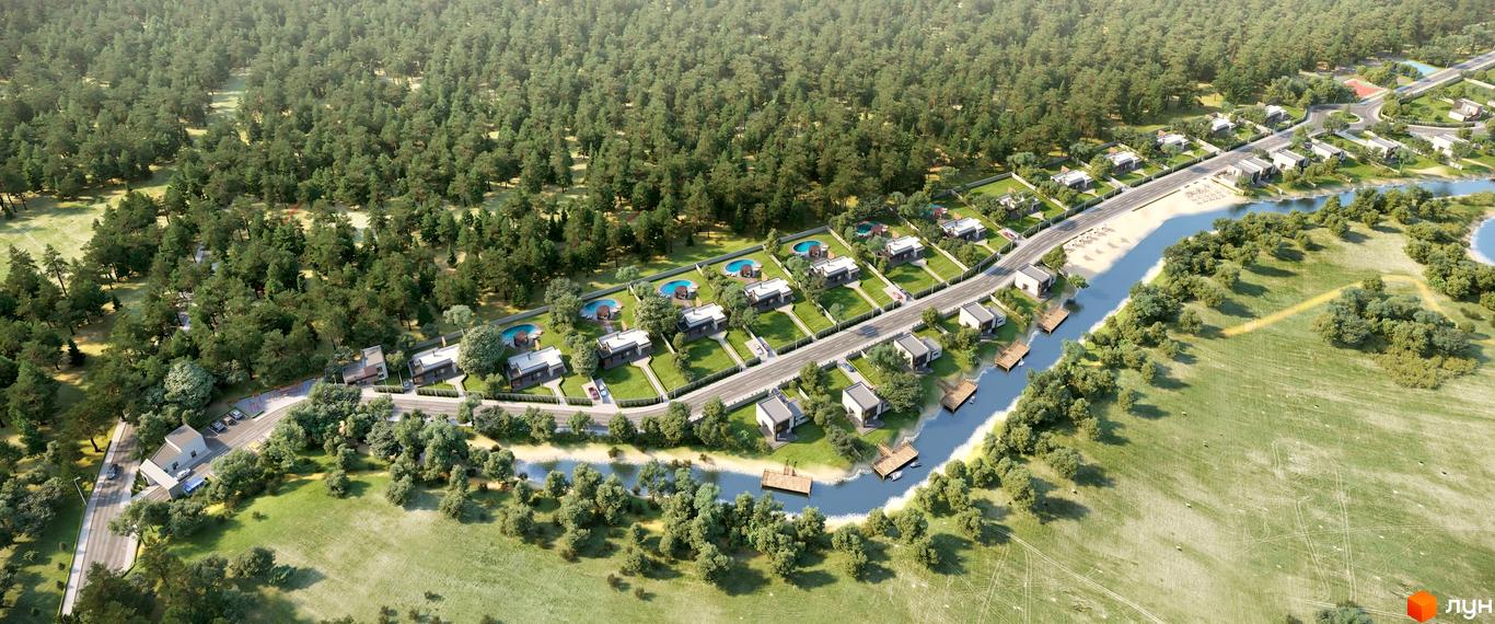 Зображення Котеджного містечка Нова Конча-Заспа CRYSTAL з висоти пташиного польоту. Будинки розташовані вздовж річки, поруч ліс та зелена територія.