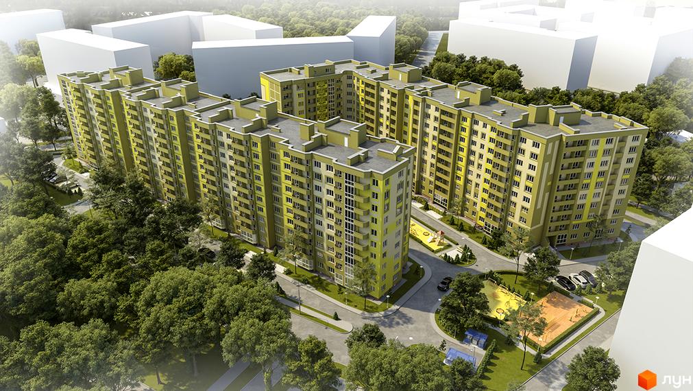 Зовнішній вигляд житлового комплексу на вул. Микулинецька, 101а, з жовто-зеленими фасадами та балконами. Прибудинкова територія включає дитячий майданчик та зелені насадження.