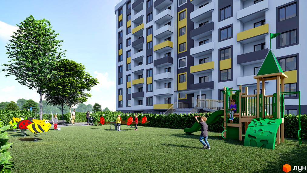Житловий комплекс Банківський 2 з дитячим майданчиком та зеленими насадженнями. Сучасна архітектура будинку з балконами та вікнами.